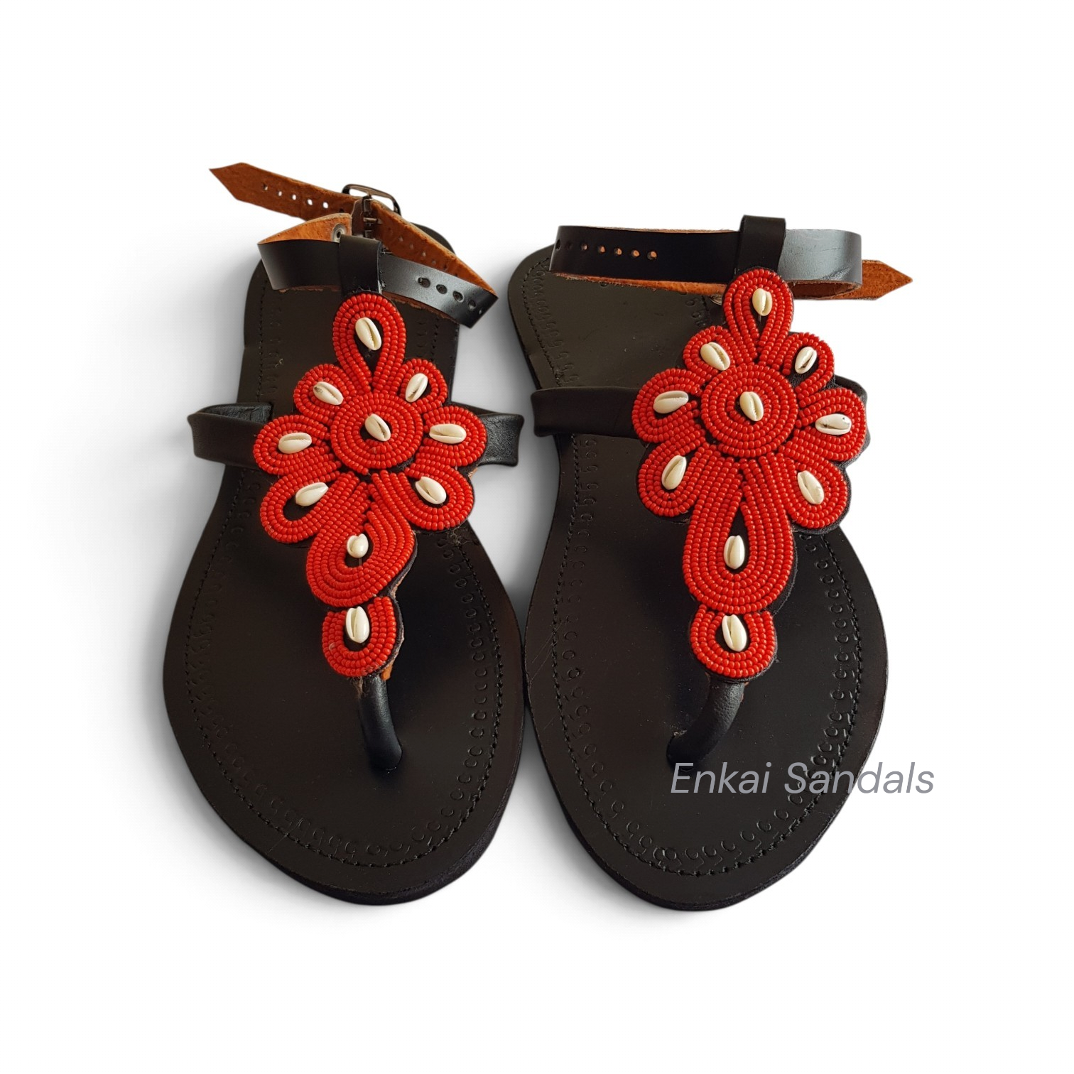 Red Maasai Beaded Cowrie Shell Sandals