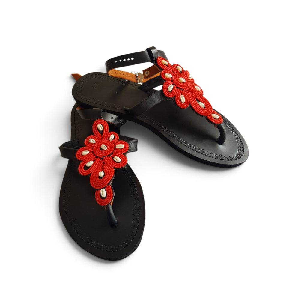 Red Maasai Beaded Cowrie Shell Sandals